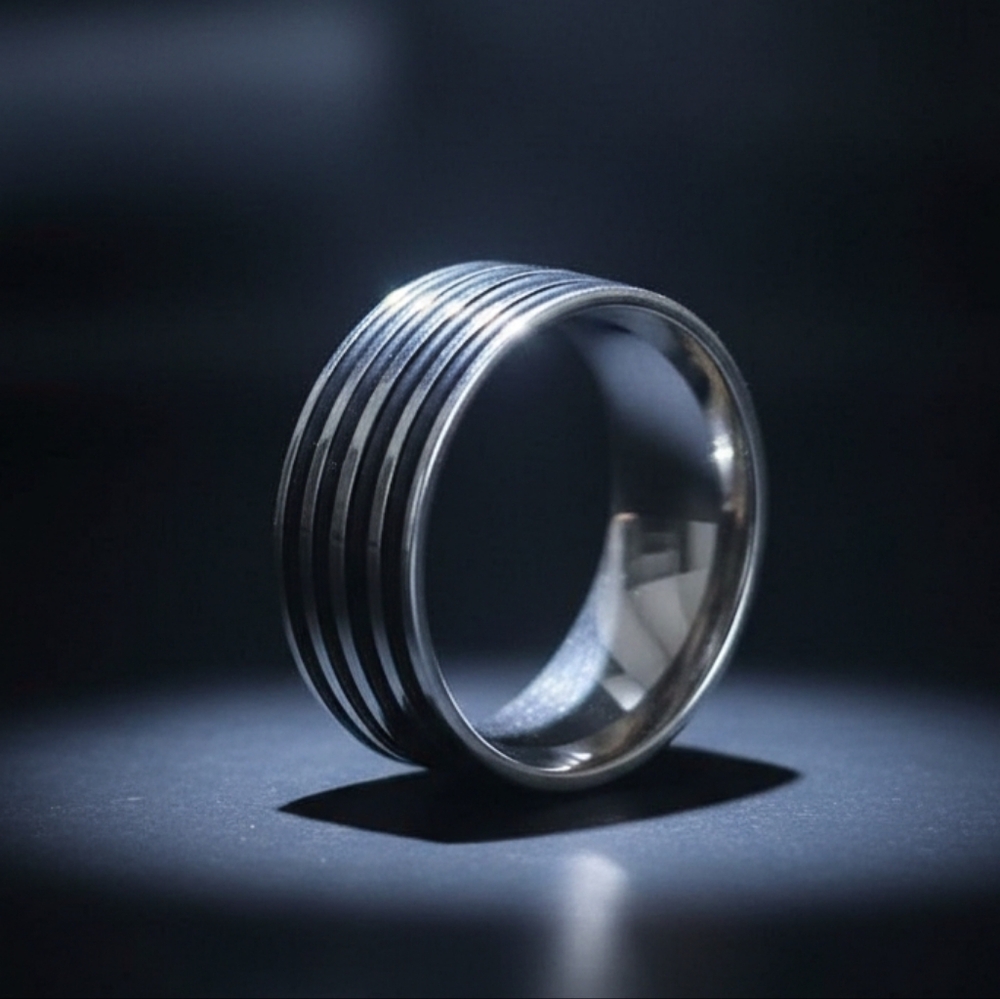 Stainless Steel Black Ribbed Band Design Ring Tactile